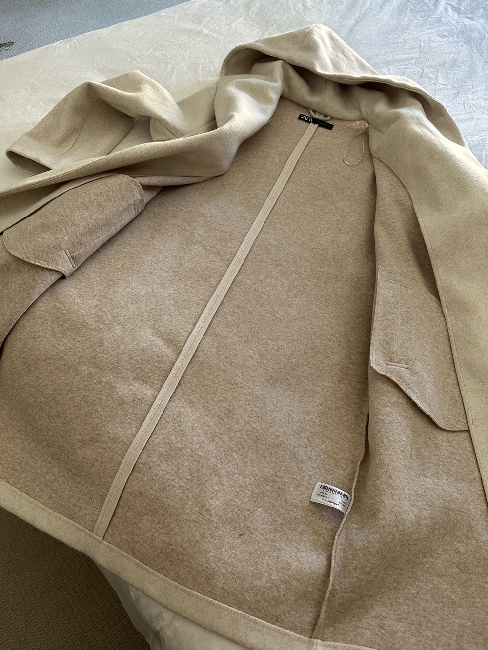 Zara Cream Hooded Wrap Coat with Self-Tie Belt, size medium - Picture 13 of 17
